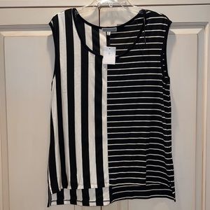 Black and white stripe, sleeveless Pleione stretch soft knit top